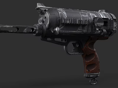 Vintage Mechanical Weapon with Wooden Grip and Metal Structure Detailed Barrel Trigger and Decorative Components 3d model
