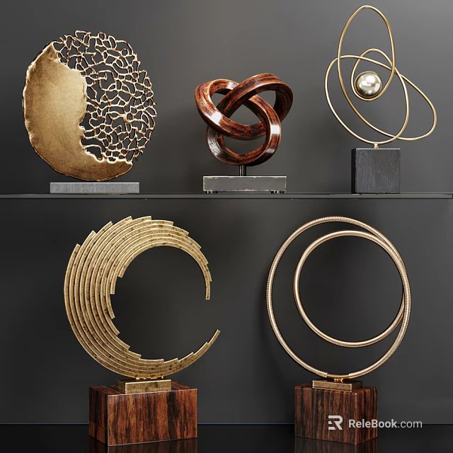 Modern Gold Decorative Ornament Set With Circular Rings And Spiral Sculptural Designs 3d model 