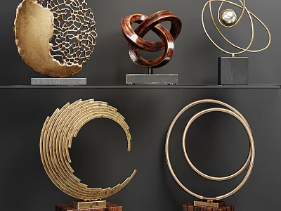 Modern Gold Decorative Ornament Set With Circular Rings And Spiral Sculptural Designs 3d model