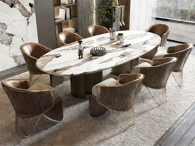 Elegant Oval Marble Dining Table With Brown Leather Chairs And Metal Legs 3d model