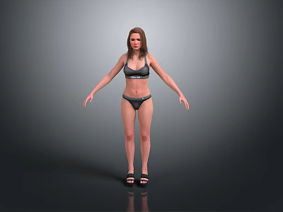 Woman in Black Bikini and Sandals with Arms Naturally Spread Standing Against Gray Background 3d model