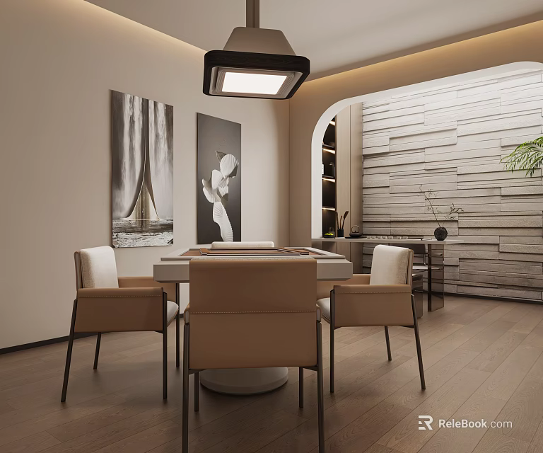 Elegant Modern Dining Living Room Interior With Dining Table Chairs Pendant Light And Decorative Paintings 3d model 