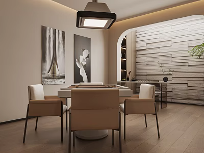 Elegant Modern Dining Living Room Interior With Dining Table Chairs Pendant Light And Decorative Paintings 3d model