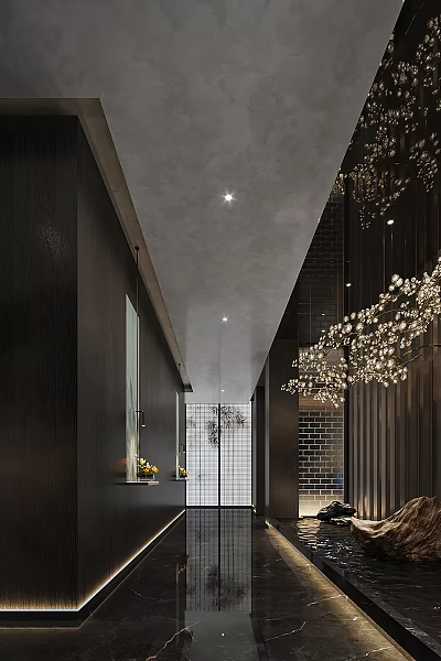 Modern Elegant Clubhouse Corridor Interior with Black Wall Brick Wall Mirror Decoration Chandelier and Vase 3d model