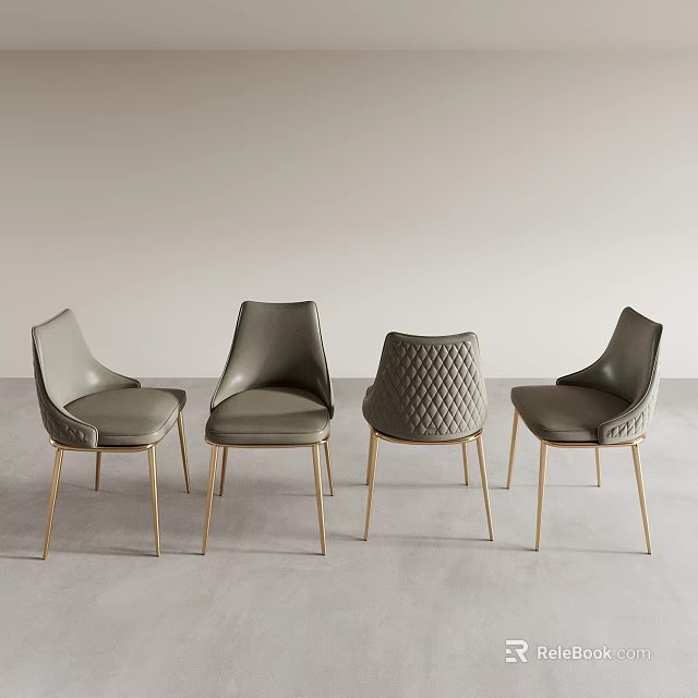 Modern Upholstered Gray Dining Chairs With Gold Metal Legs And Diamond Pattern Backrest 3d model 