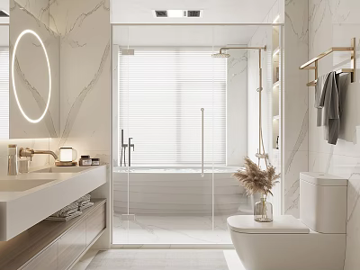 Modern Bathroom Interior Design Featuring Round Mirror Glass Shower White Bathtub Marble Walls And Gold Fixtures 3d model