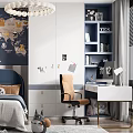 Cozy Kids Room Interior With World Map Wall Blue Bed White Chandelier And Bookshelf