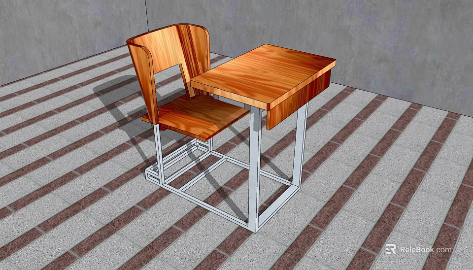 Wooden Desk Chair Combination With Metal Frame For Home Study Space 3d model 