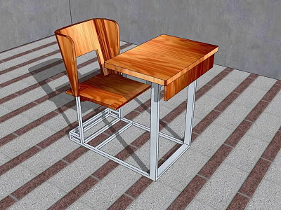 Wooden Desk Chair Combination With Metal Frame For Home Study Space 3d model