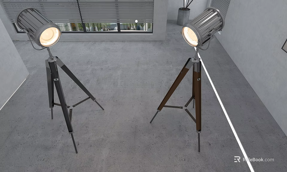 Tripod Floor Lamps With Silver Heads Dark And Brown Stands In Modern Room Interior 3d model 