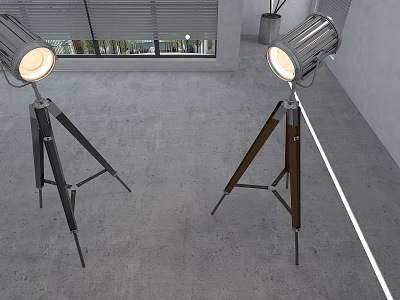 Tripod Floor Lamps With Silver Heads Dark And Brown Stands In Modern Room Interior 3d model