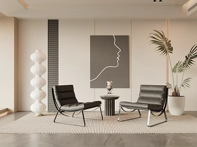 Elegant Modern Interior With Black Leather Armchairs Small Round Table Abstract Painting And Green Plant 3d model