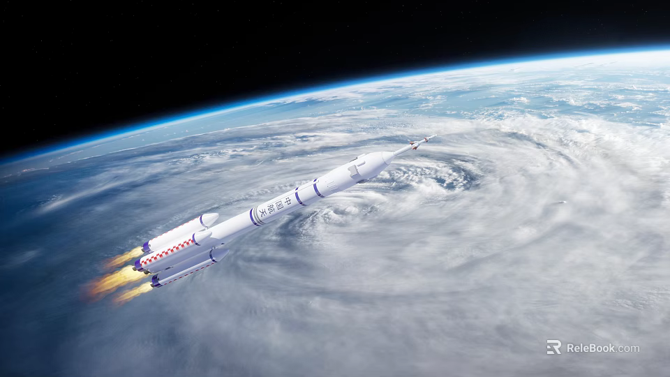Space Rocket Flying Above Earth With Clouds In Background View 3d model 