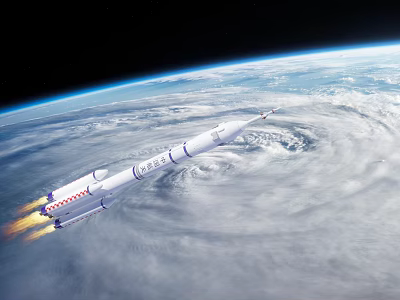 Space Rocket Flying Above Earth With Clouds In Background View 3d model