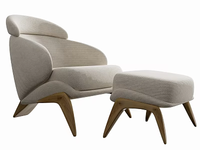 Modern Light Gray Fabric Accent Chair With Matching Ottoman And Wooden Legs 3d model