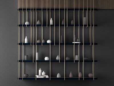 Black And Gold Wall Mounted Shelves With Multiple Layers Gray Wall Decorative Small Bottles 3d model