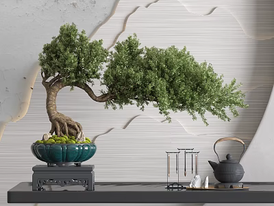 Bonsai Tree in Green Pot on Wooden Stand Against Textured Wall with Teapot and Accessories 3d model