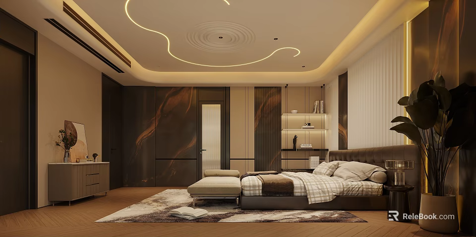 Elegant Modern Bedroom Interior With Curved Ceiling Lights And Upholstered Bench 3d model 