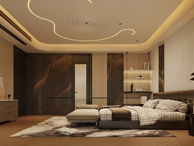 Elegant Modern Bedroom Interior With Curved Ceiling Lights And Upholstered Bench 3d model