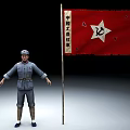 Game Movie Characters in Gray White Uniforms with Red Flag and White Star