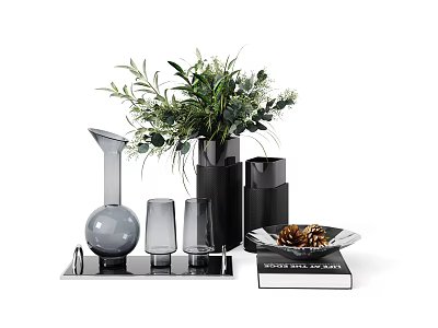Modern Decorative Ornament Set With Greenery Black Vase Glassware And Pine Cone Tray 3d model