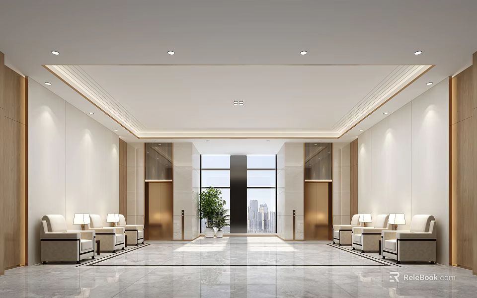 Modern Elevator Lobby With Elevator Doors Seats Potted Plant And Large Window 3d model 
