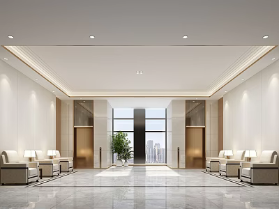 Modern Elevator Lobby With Elevator Doors Seats Potted Plant And Large Window 3d model
