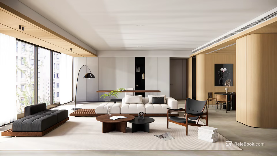 Modern Living and Dining Room Interior With Sofa Coffee Table Dining Chairs And Natural Light 3d model 