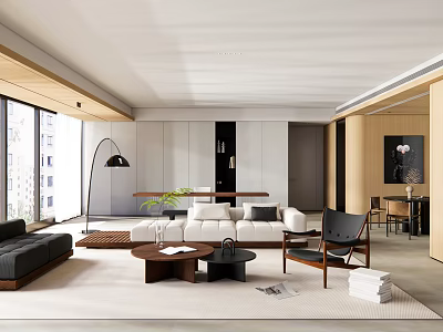 Modern Living and Dining Room Interior With Sofa Coffee Table Dining Chairs And Natural Light 3d model