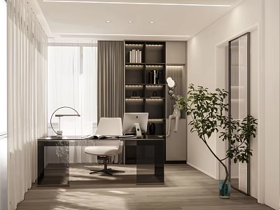Modern Study Room Interior With Desk Computer Table Lamp Bookshelf Plant And White Curtains 3d model