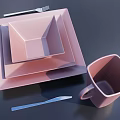 Stylish Pink Square Dinnerware Set with Stacked Plates Bowls Mug and Silver Fork Spoon 3d model