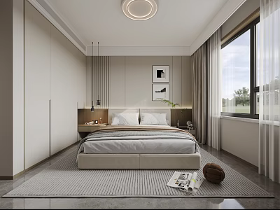 Modern Bedroom Interior Design With Bed Wardrobe Window Curtains Table Lamp Wall Art And Rug 3d model