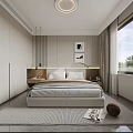 Modern Bedroom Interior Design With Bed Wardrobe Window Curtains Table Lamp Wall Art And Rug