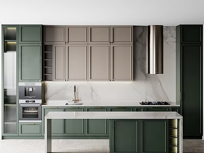 Modern Green Kitchen Interior With Marble Countertop Island Range Hood And Cabinets 3d model
