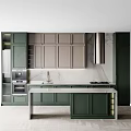 Modern Green Kitchen Interior With Marble Countertop Island Range Hood And Cabinets