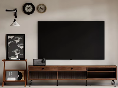 Modern Wooden TV Stand Design With TV Clocks Wall Lamp Decorative Painting And Vinyl Records 3d model