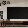 Modern Wooden TV Stand Design With TV Clocks Wall Lamp Decorative Painting And Vinyl Records