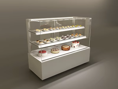 Dessert Shop Transparent Display Case With Multiple Shelves And Various Cakes Pastries On 3d model