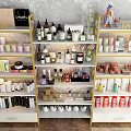 Cosmetics and Perfumes Display on Shelves with Various Bottles Jars Boxes and Green Plants
