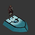Game and Movie Character Standing on Blue Platform With Central Glowing Blue Sphere