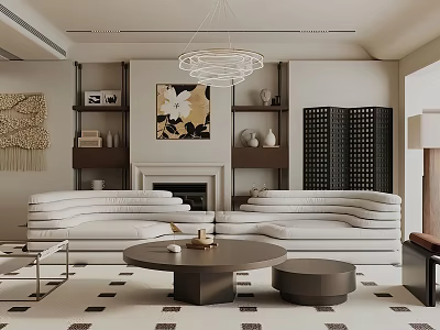 Modern Living Room Interior With White Sofas Round Coffee Table Fireplace Artwork And Chandelier 3d model