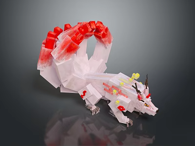 Fantasy White Dragon Figure With Red Crystal Tail And Yellow Accent Details 3d model