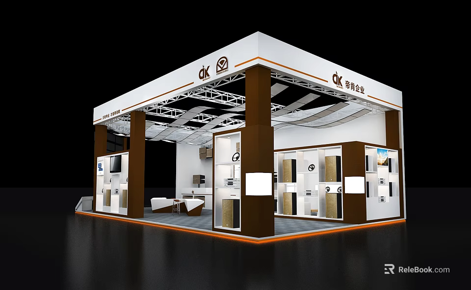 Modern Exhibition Booth Featuring White Brown Exterior CK DESIGN Branding Interior Display Cabinets And Sofa 3d model 