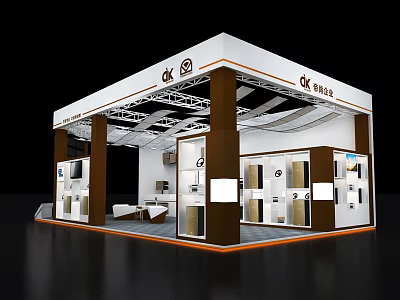 Modern Exhibition Booth Featuring White Brown Exterior CK DESIGN Branding Interior Display Cabinets And Sofa 3d model