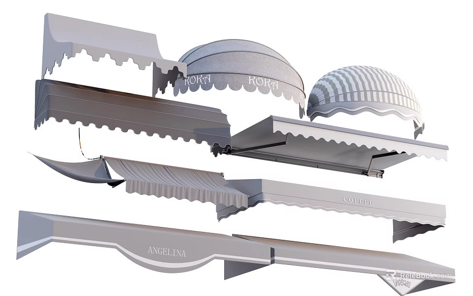 Various Angelina Sunshade Designs With Scalloped Edges And Striped Patterns 3d model 