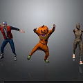 Halloween Characters In Different Costumes Dancing With Pumpkin And Mummy Outfits