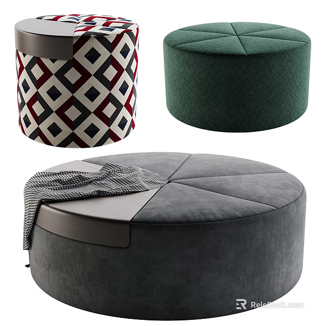 Modern Ottoman Poufs Featuring Geometric Pattern Green Textured And Gray Round Sectional Design With Throw Blanket 3d model 