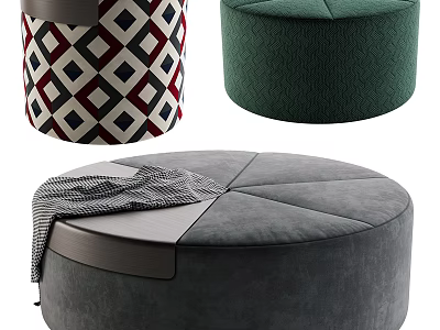 Modern Ottoman Poufs Featuring Geometric Pattern Green Textured And Gray Round Sectional Design With Throw Blanket 3d model