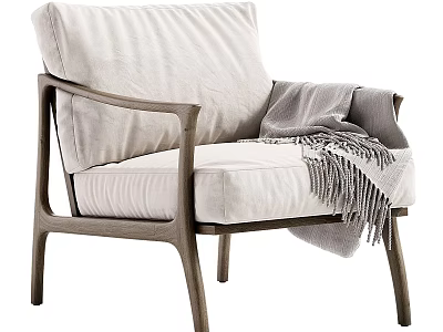 Modern Accent Chair with Wooden Frame Light Fabric Cushion and Gray Throw Blanket 3d model
