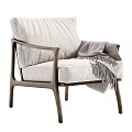Modern Accent Chair with Wooden Frame Light Fabric Cushion and Gray Throw Blanket